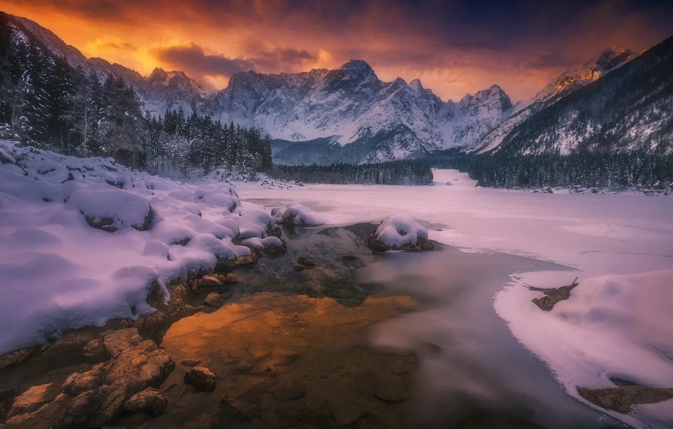 Photo wallpaper winter, snow, mountains, nature, river, the evening