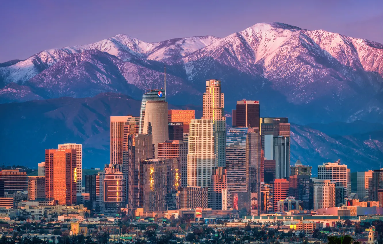Photo wallpaper the sun, landscape, mountains, home, skyscrapers, CA, USA, Los Angeles