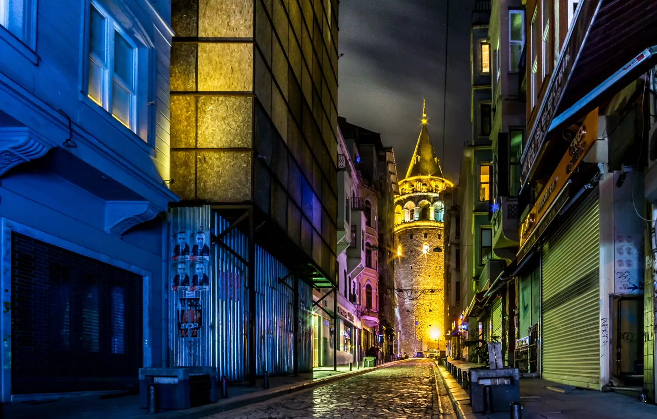 Photo wallpaper light, night, street, tower, architecture, Istanbul, Galata