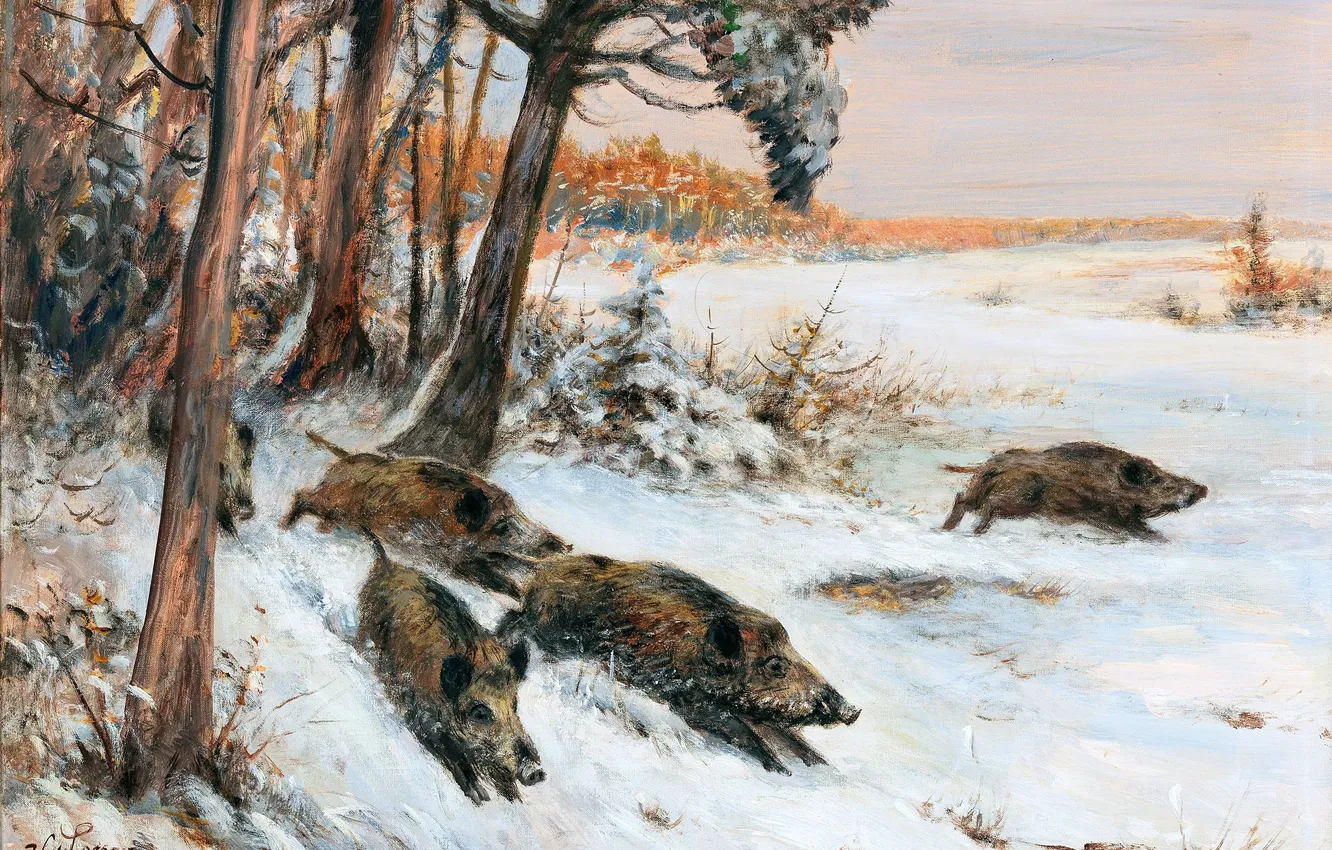 Photo wallpaper winter, snow, trees, picture, running, boar, German artist, Wilhelm Lorenz