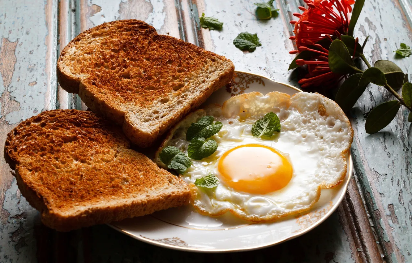 Photo wallpaper food, Breakfast, bread, scrambled eggs, toast