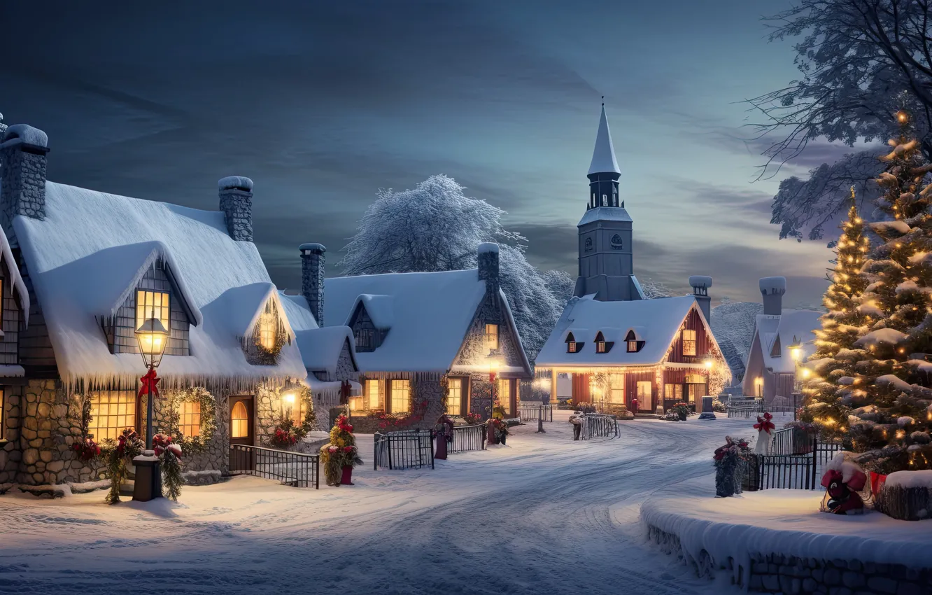 Photo wallpaper winter, snow, decoration, night, the city, lights, street, tree