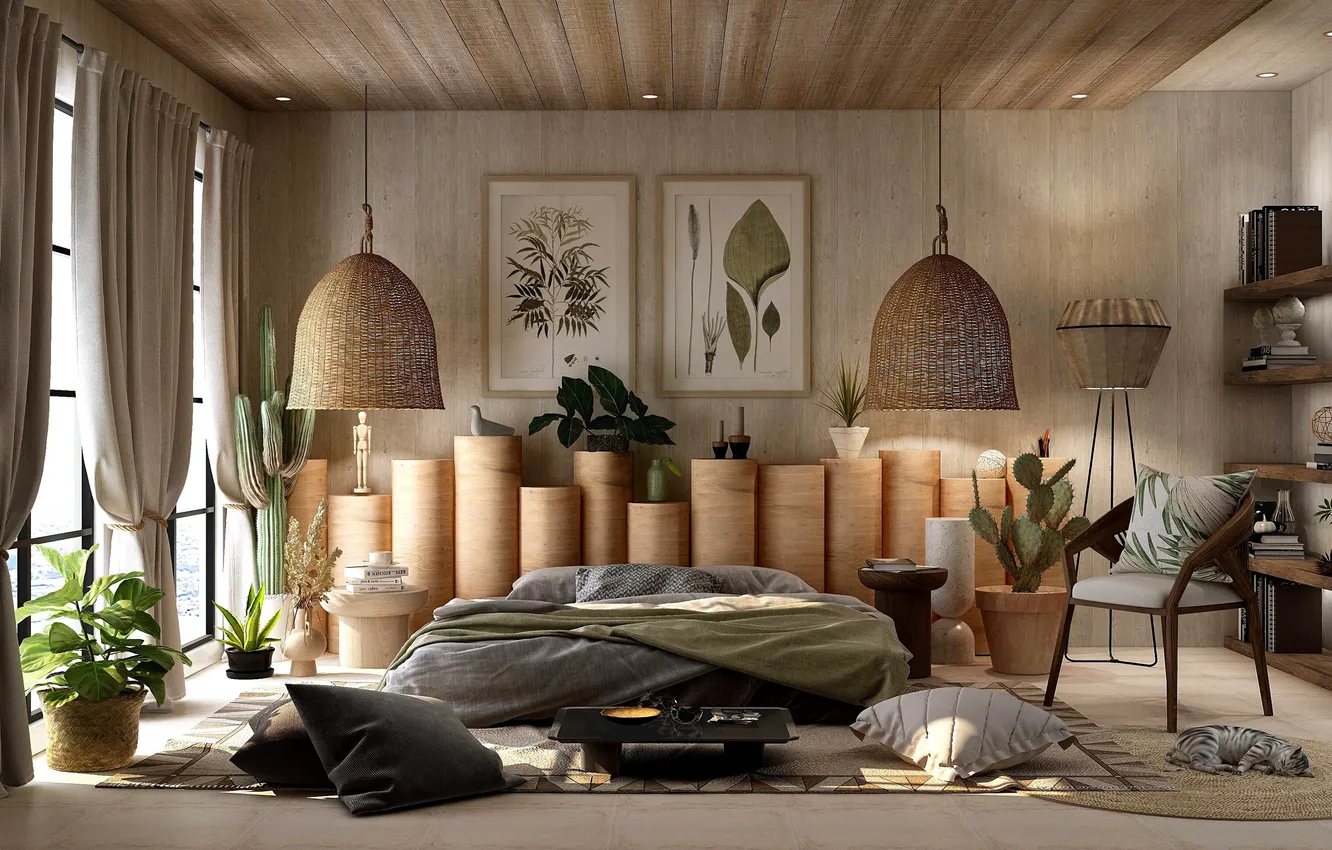 Photo wallpaper design, room, interior, plants, bedroom, Asian style, ekostil