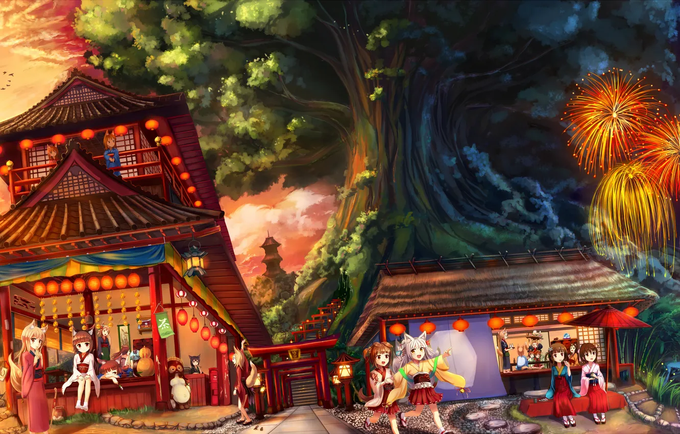 Photo wallpaper tree, girls, home, art, lights, fireworks, kimono, neko