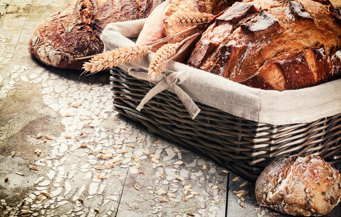Photo wallpaper wheat, bread, basket, fresh, cakes, roll, flour, bread