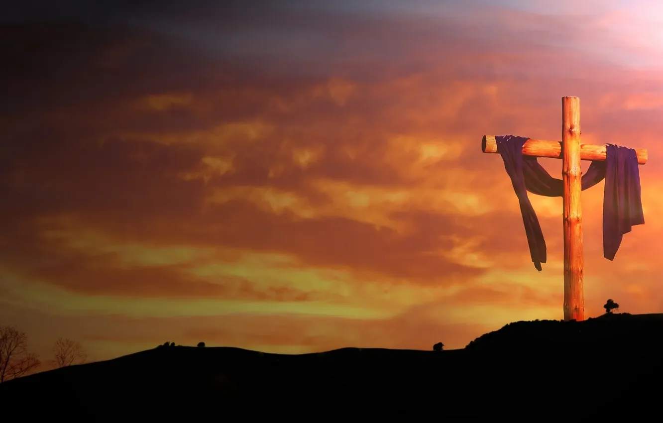 Photo wallpaper the sky, hills, cross, horizon, fabric, wooden