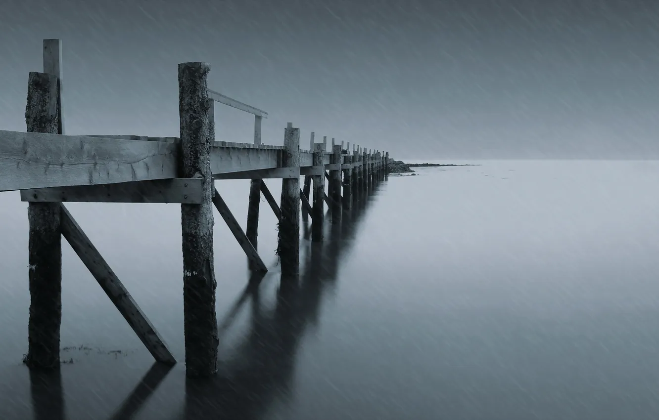 Photo wallpaper landscape, bridge, lake, rain