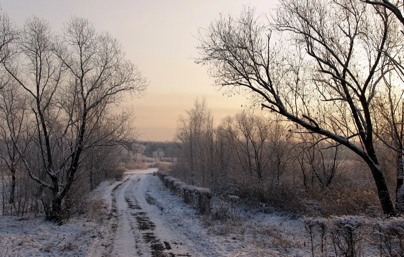 Photo wallpaper road, snow, morning