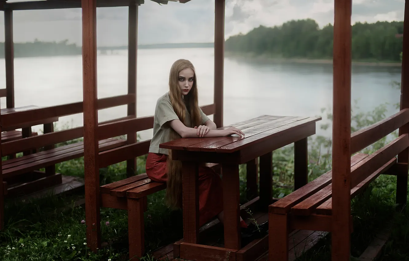 Photo wallpaper river, table, model, the beauty, bench, Tatiana Mercalova, Eugene Buksa