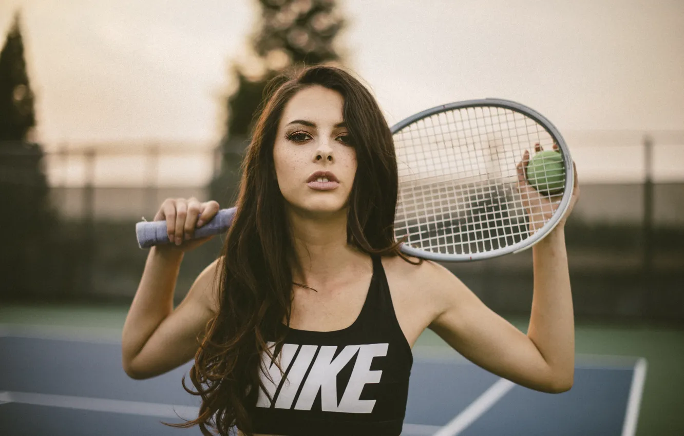 Photo wallpaper look, brunette, racket, freckles, tennis