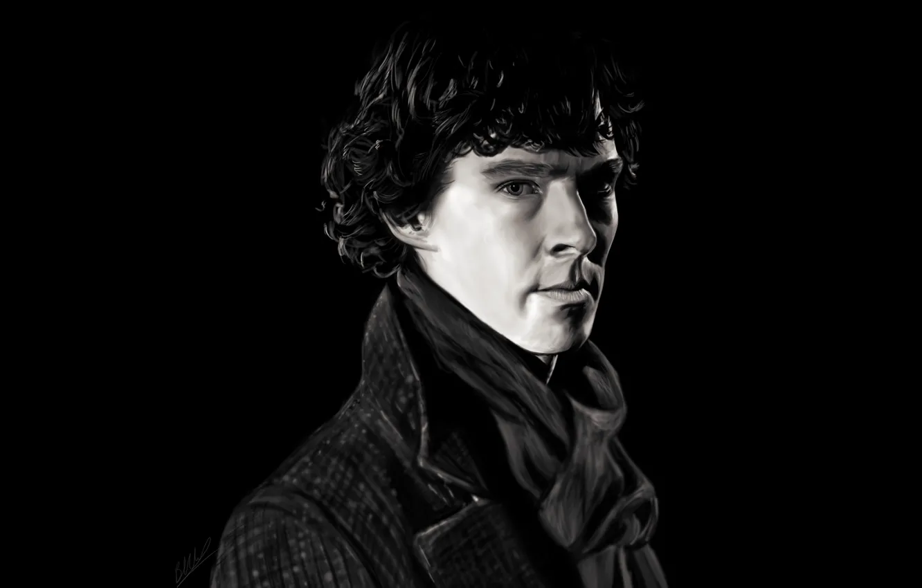 Photo wallpaper look, portrait, art, painting, Sherlock Holmes, black background, Benedict Cumberbatch, Benedict Cumberbatch