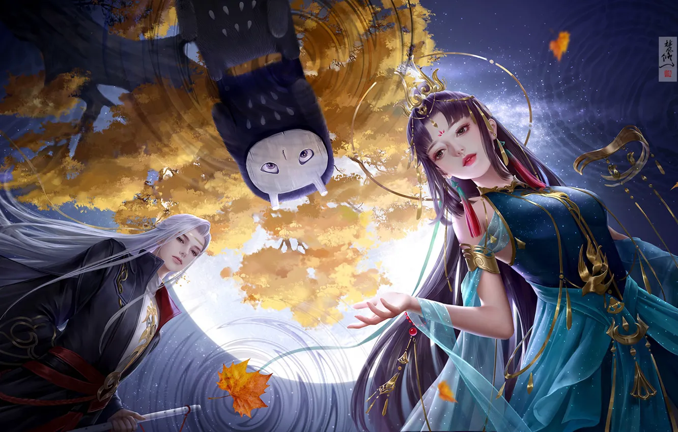 Photo wallpaper autumn, girl, night, reflection, tree, the moon, spirit, fantasy