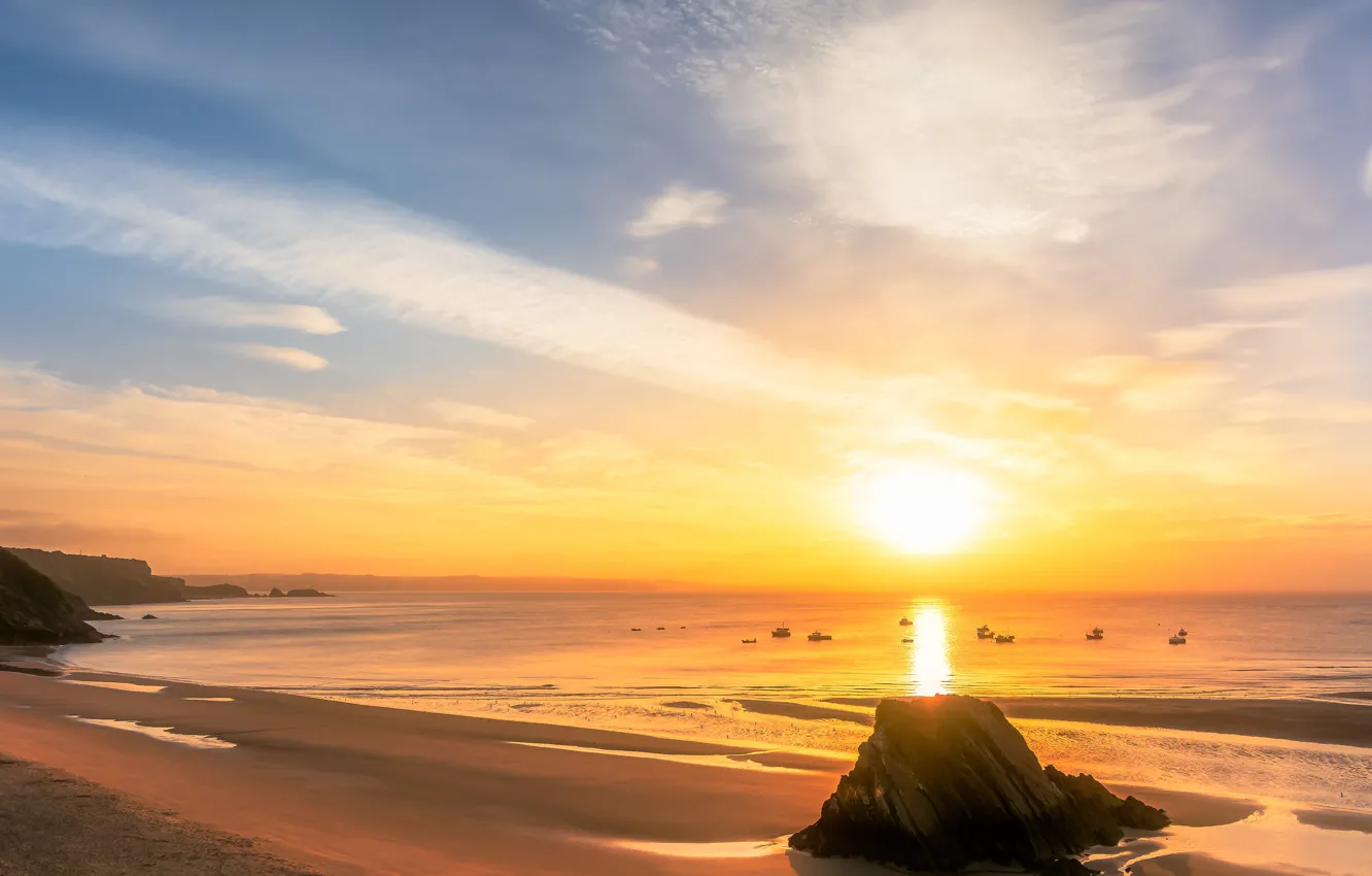 Photo wallpaper sand, sea, beach, the sky, the sun, clouds, light, sunset