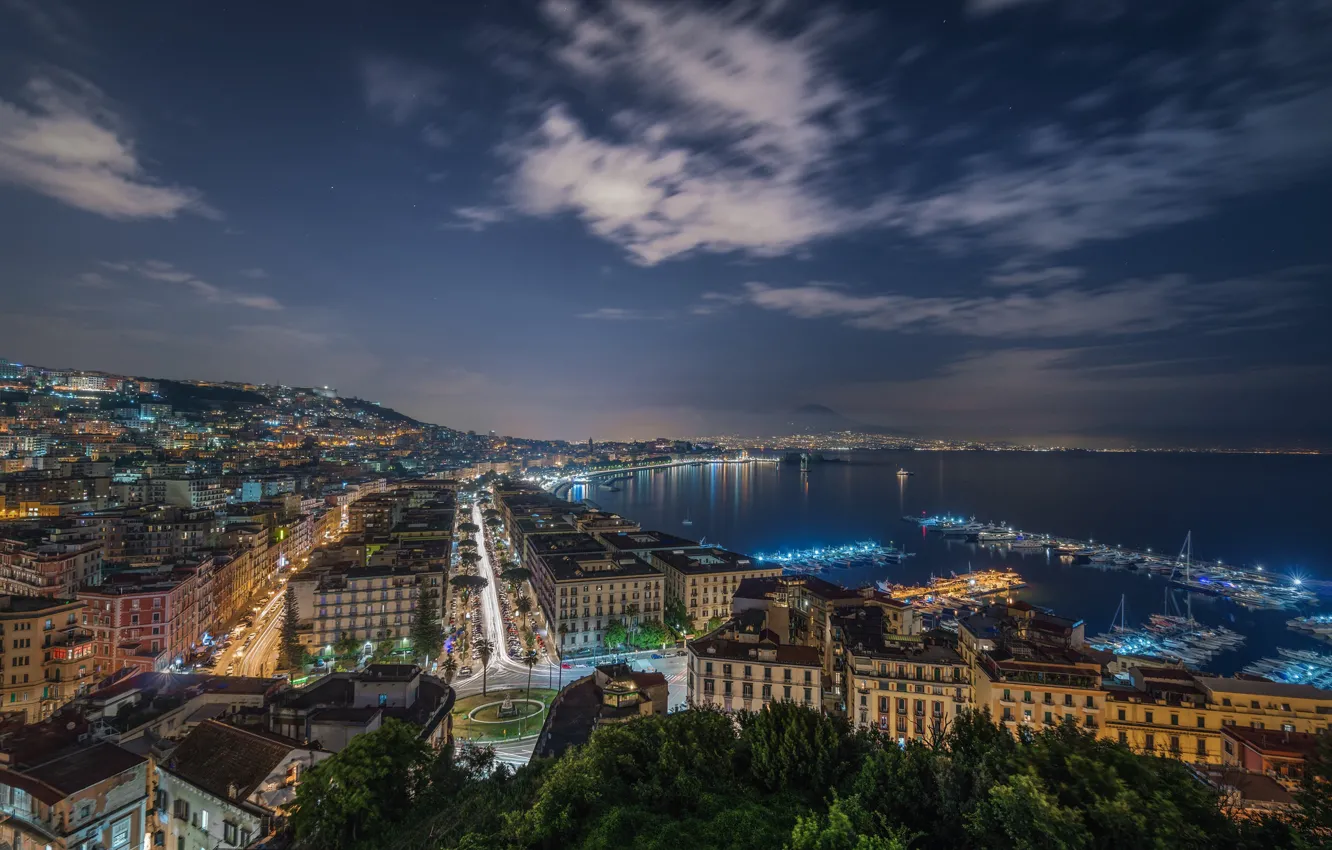 Photo wallpaper night, the city, boats, Napoli