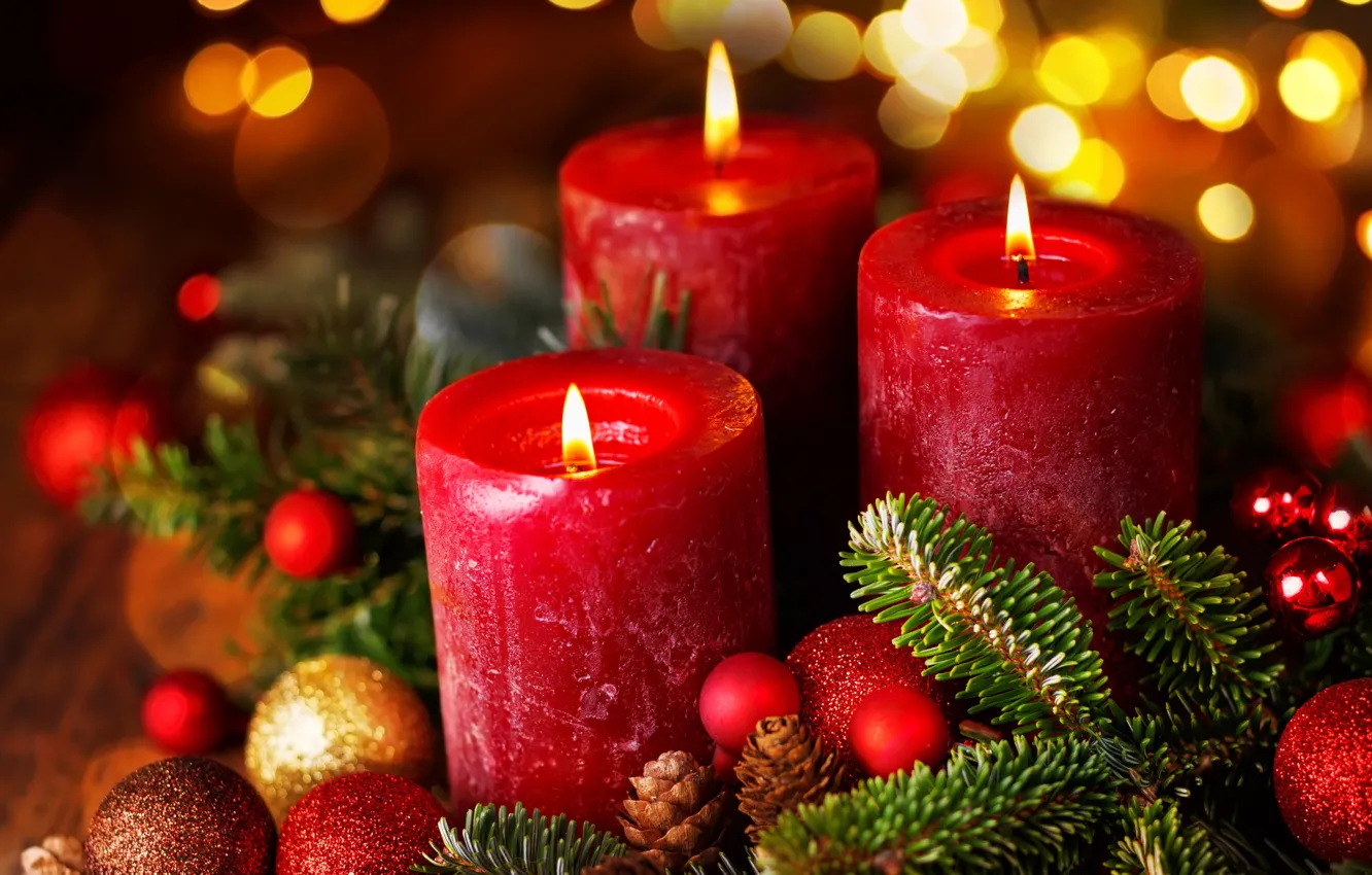 Photo wallpaper balls, branches, glare, balls, new year, candles, Christmas, bumps