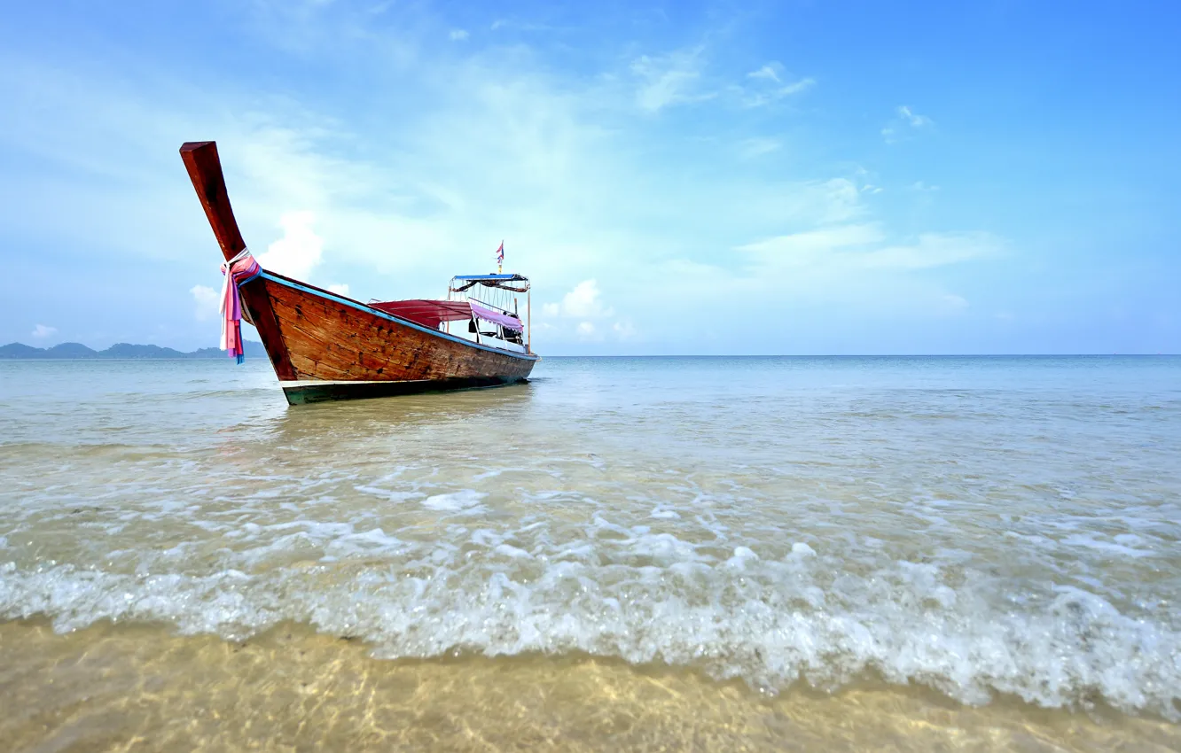 Photo wallpaper sand, sea, wave, beach, summer, the sky, shore, boat