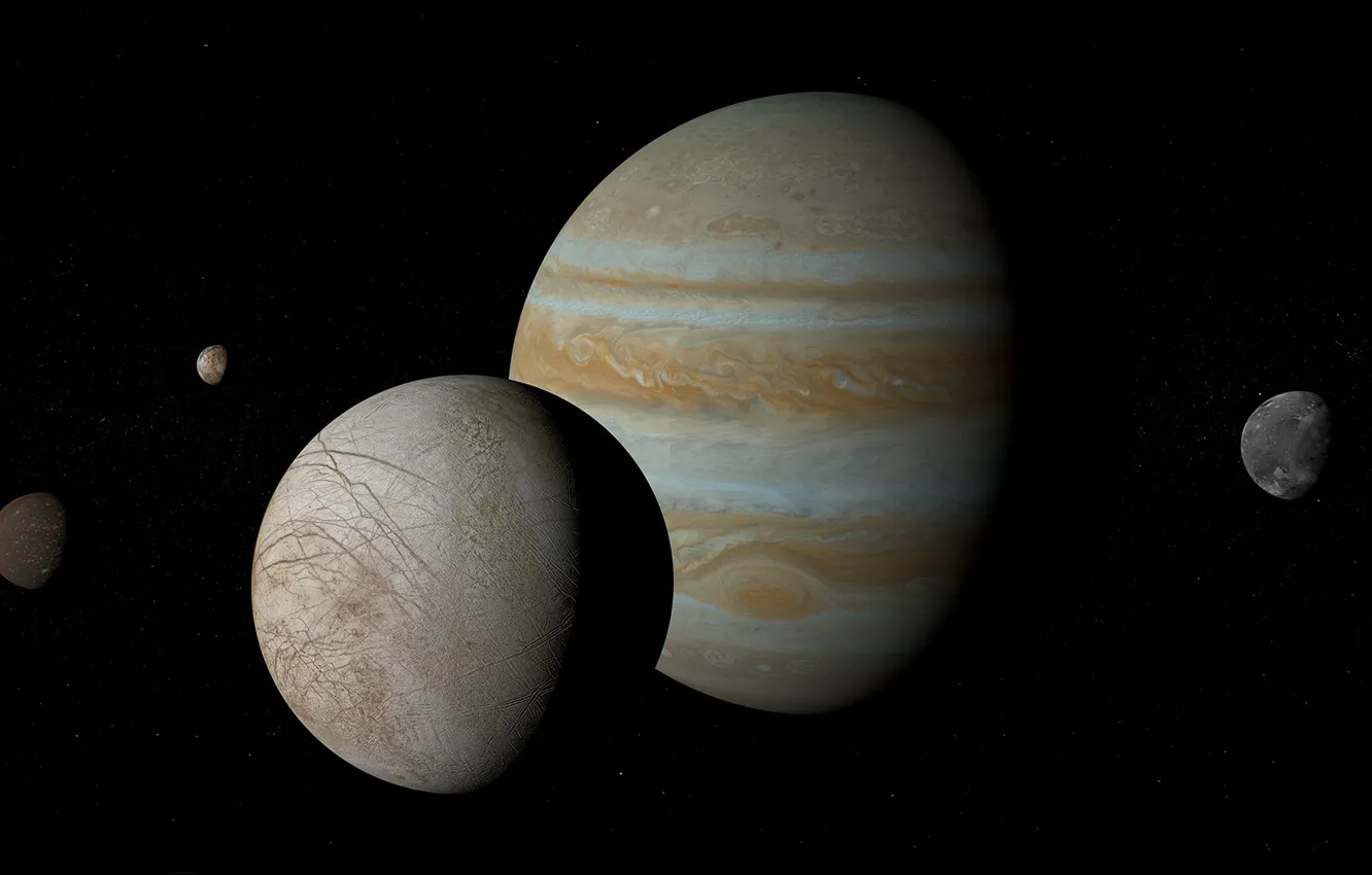 Photo wallpaper planet, Europe, Jupiter, satellites, Ganymede, Callisto