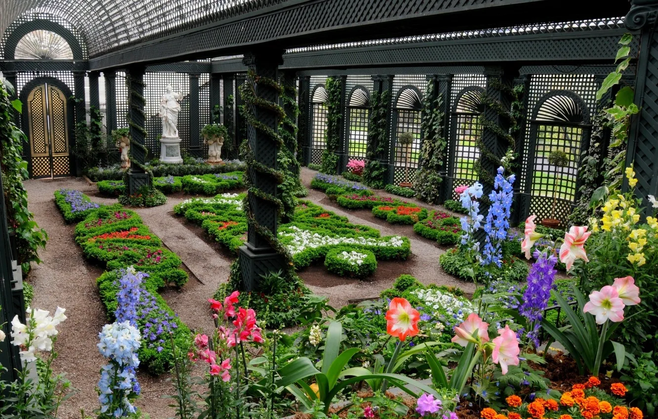 Photo wallpaper flowers, nature, Park, plant, garden, statue, nature, park