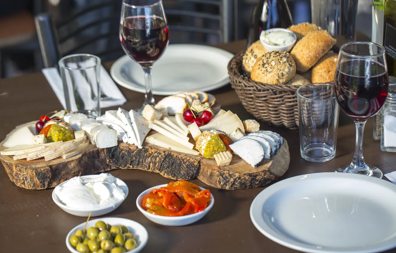 Photo wallpaper wine, glass, cheese, bread, olives, appetizer, cuts