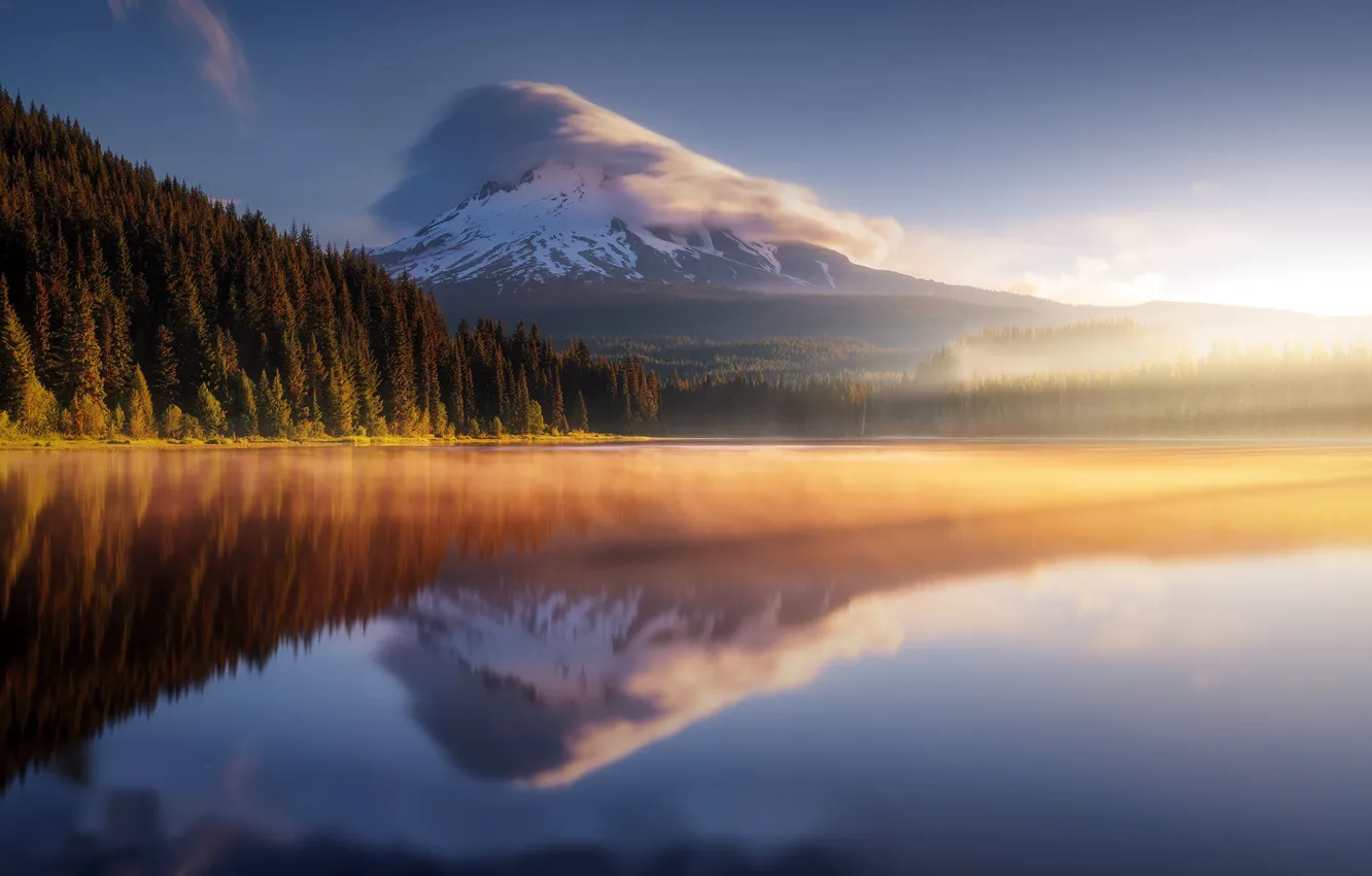 Photo wallpaper sea, mountains, morning