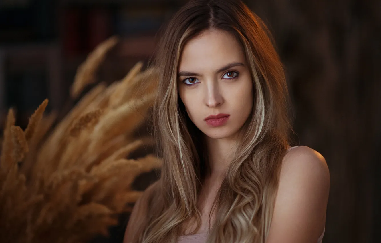 Photo wallpaper long hair, model, looking at camera, Victoria Lukina