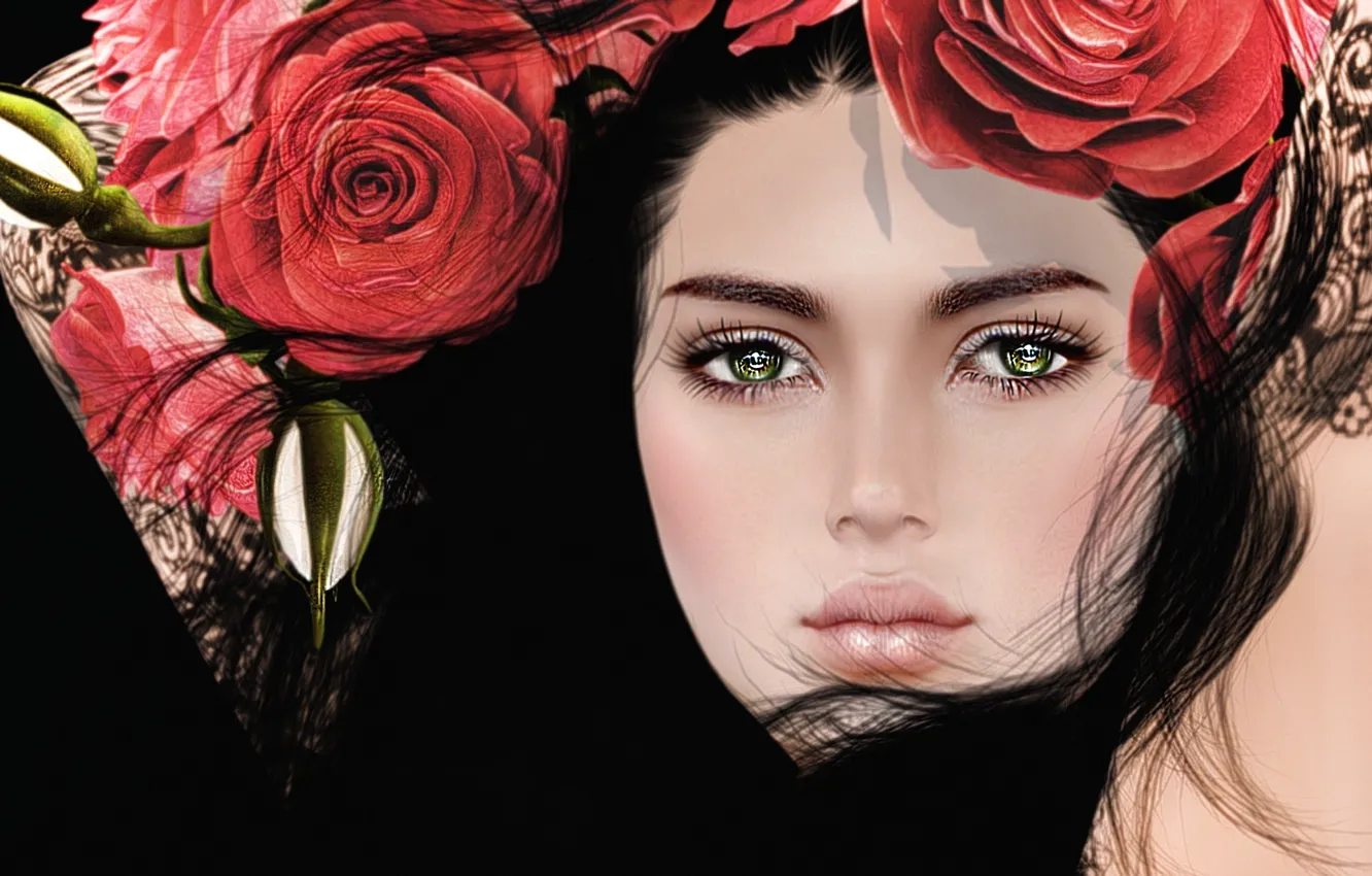 Photo wallpaper eyes, girl, face, hair, roses, brunette, wreath