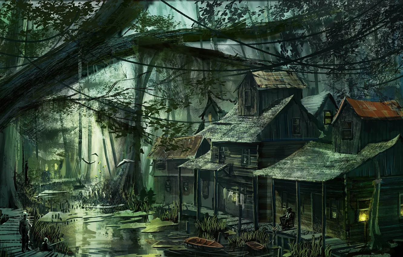 Photo wallpaper forest, people, swamp, home, village, art, buildings