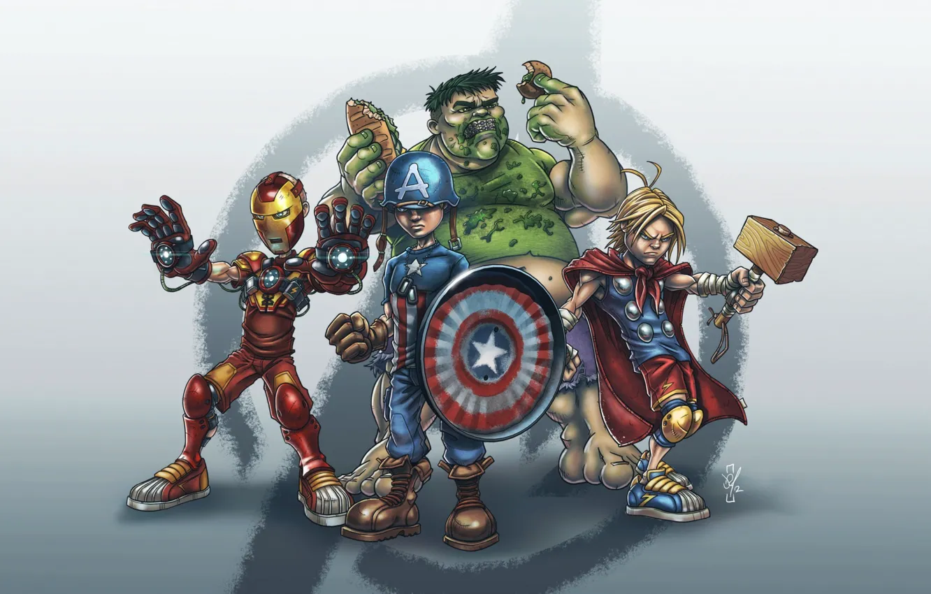 Photo wallpaper parody, iron man, Hulk, marvel, Thor, marvel, captain America, thor