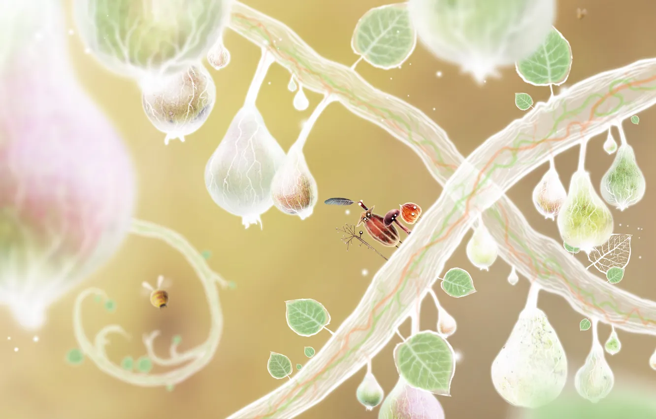 Photo wallpaper branches, bee, mushrooms, being, leaves, acorns, characters, botanicula