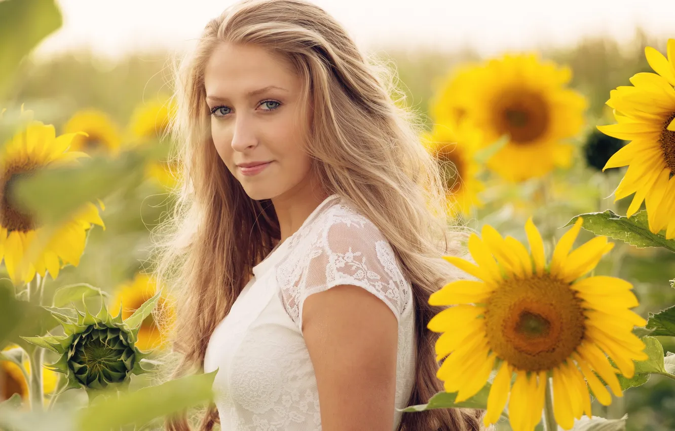 Photo wallpaper summer, girl, sunflowers
