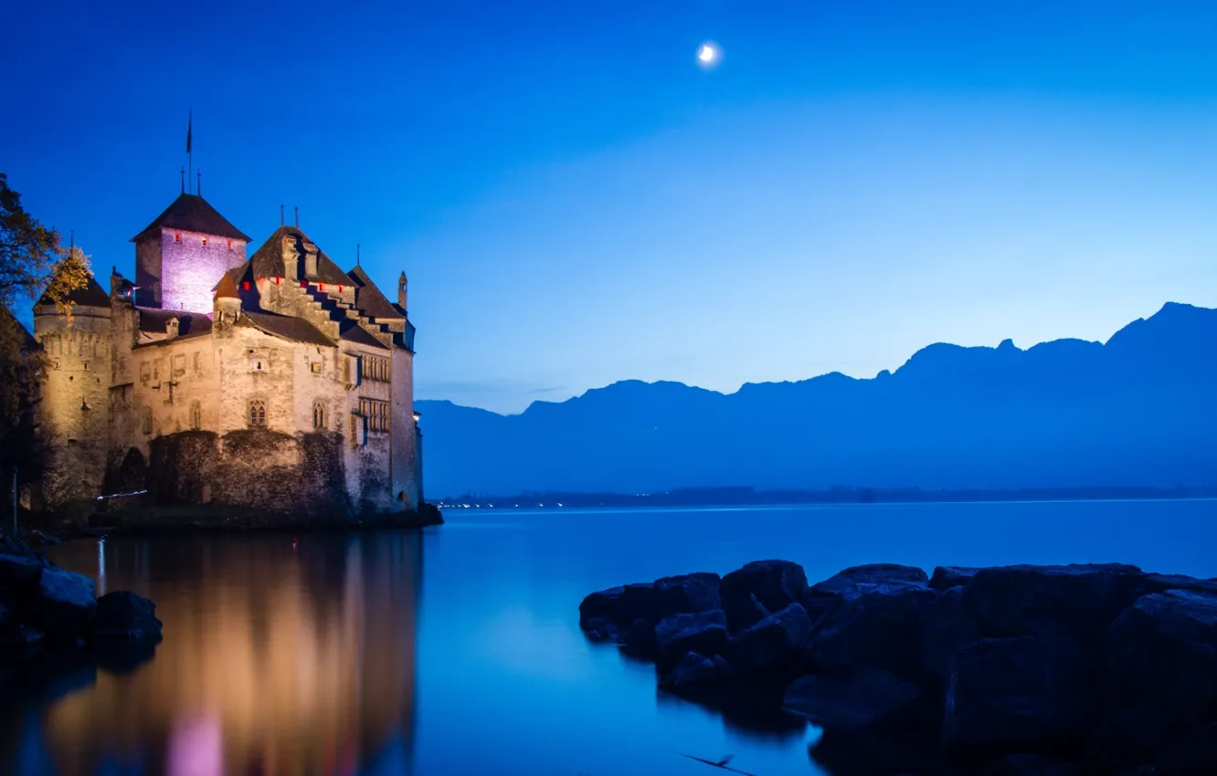 Photo wallpaper moon, night, lake, castle, swiss, Castle Of Chillon