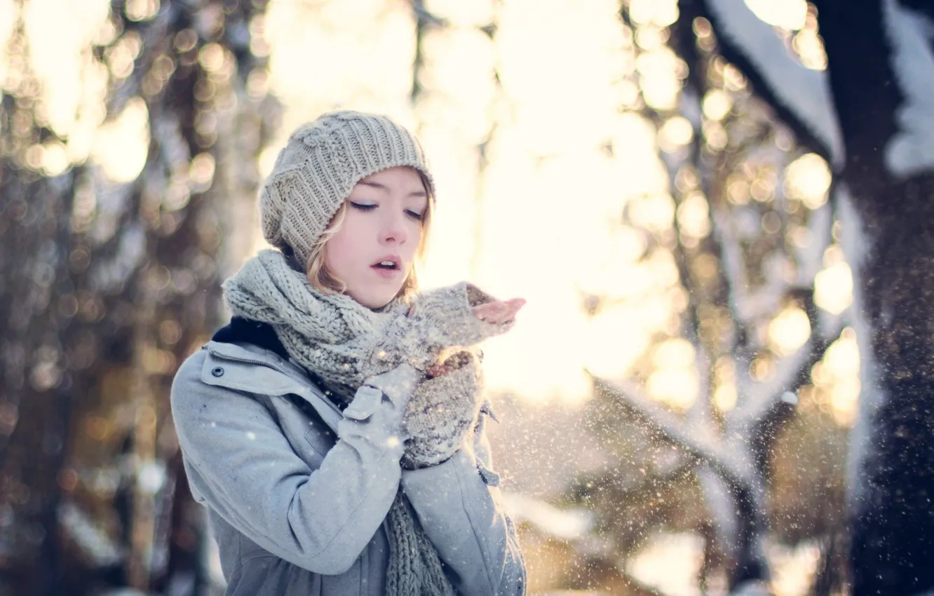 Photo wallpaper winter, girl, snow, trees, hat, scarf, coat, mitts