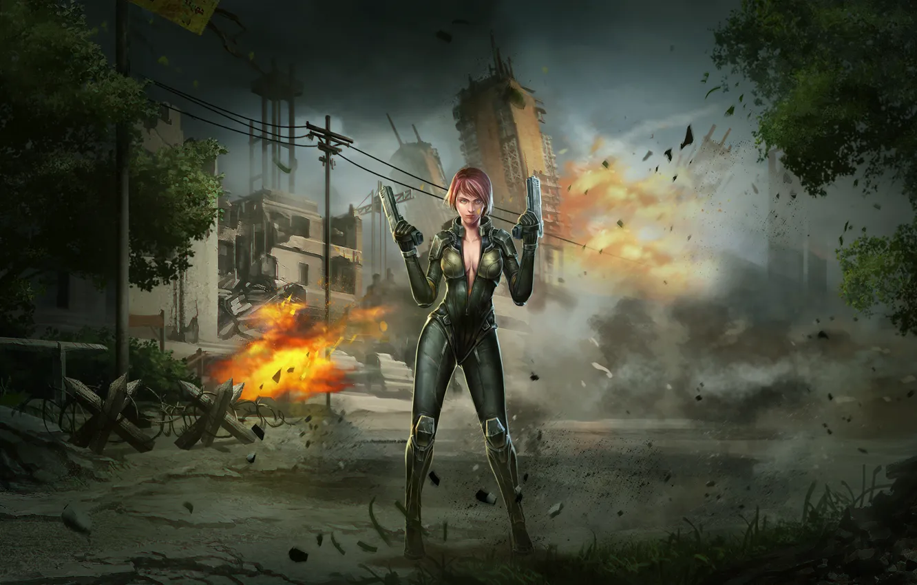 Photo wallpaper girl, the explosion, the city, war, guns, art, soldiers, special forces