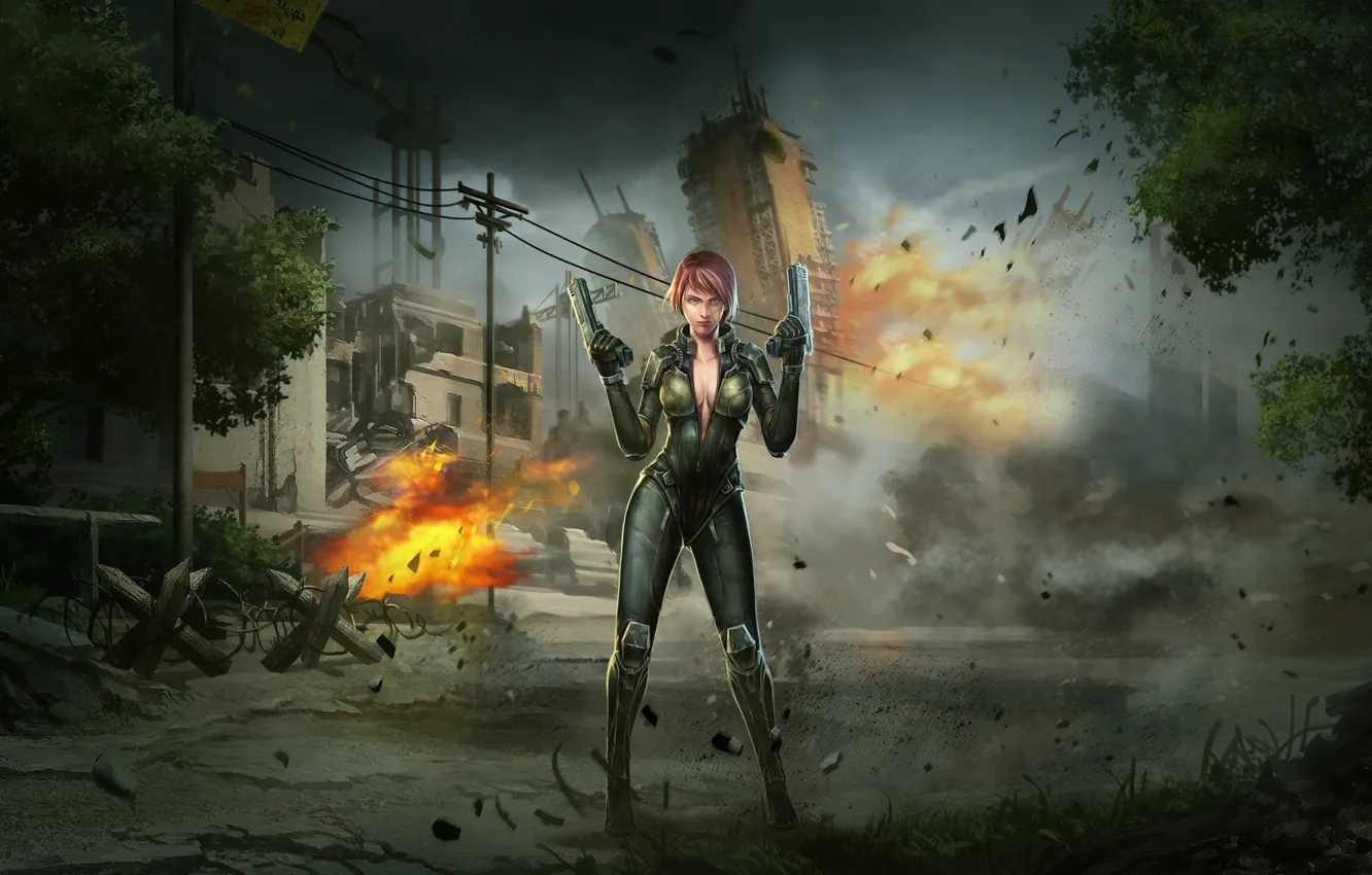 Photo wallpaper girl, the explosion, the city, gun, war, art, soldiers, special forces