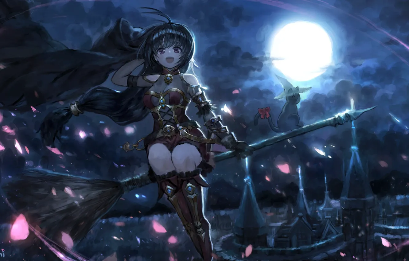 Photo wallpaper cat, girl, night, the moon, witch, broom