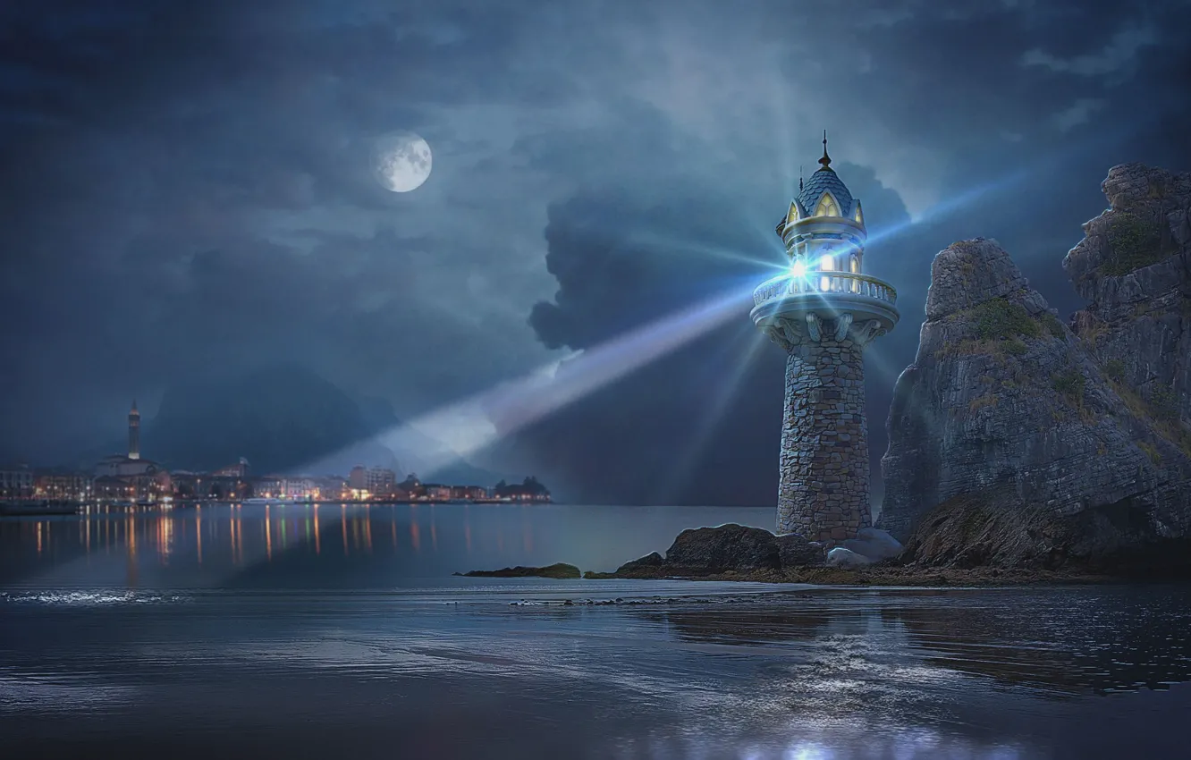Photo wallpaper night, the city, the moon, lighthouse, photo art