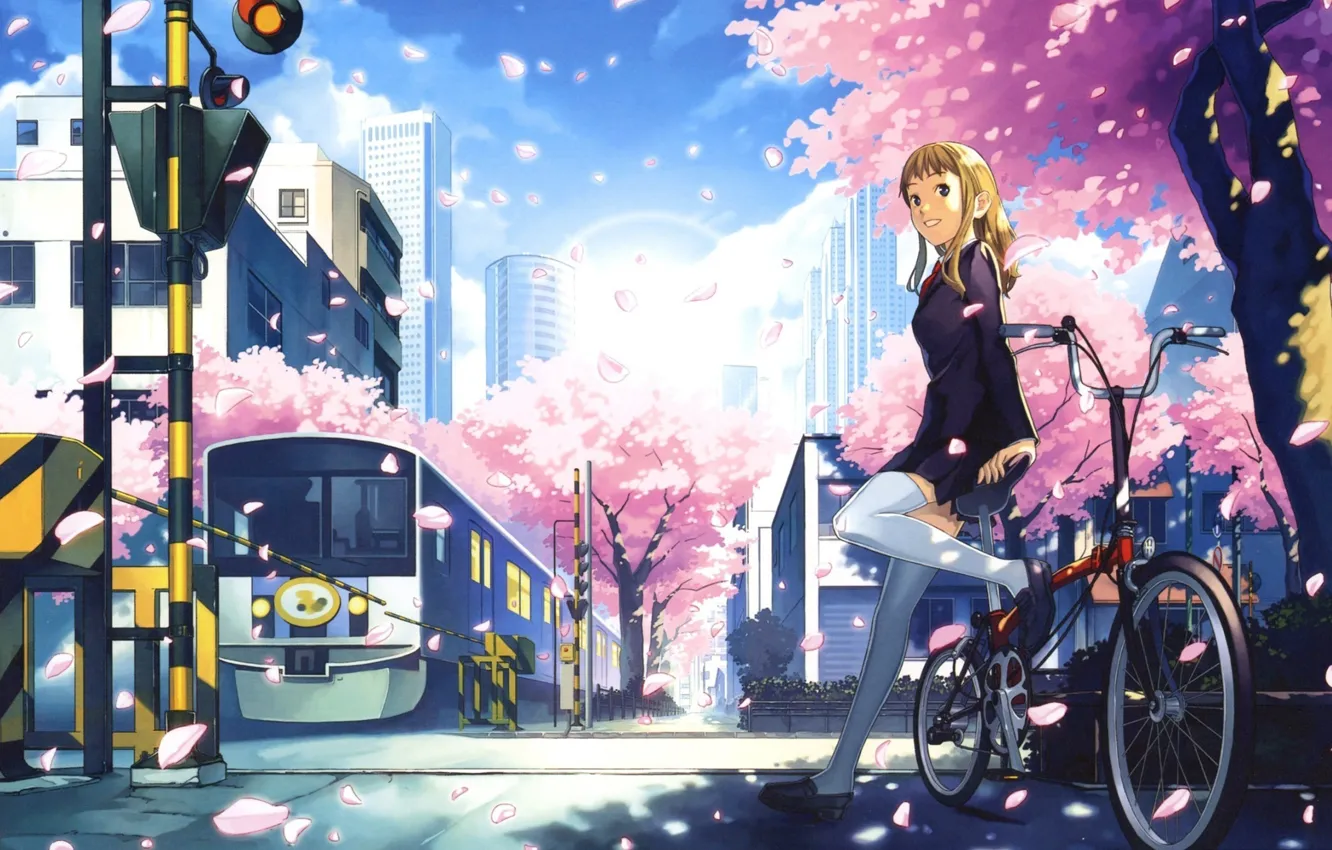 Photo wallpaper city, the city, smile, train, skyscrapers, anime, Sakura, smile