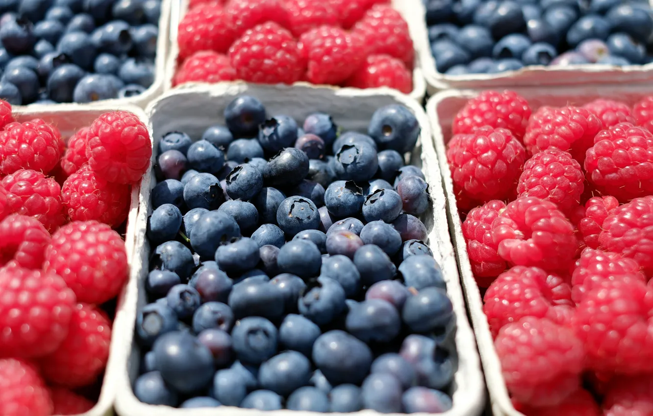 Photo wallpaper berries, raspberry, harvest, blueberries, container, a lot