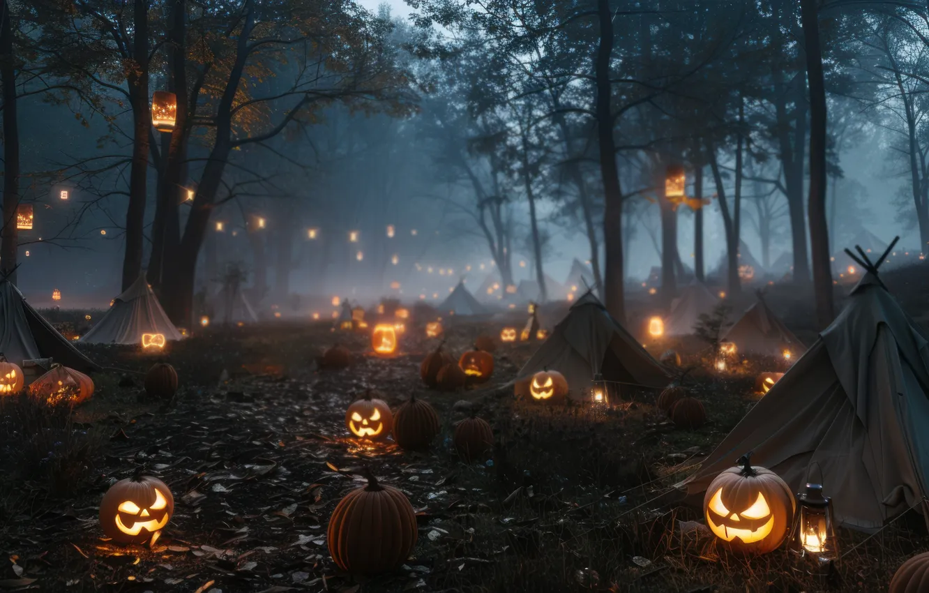 Photo wallpaper trees, the evening, Halloween, pumpkin, tent, Halloween, horror, digital art