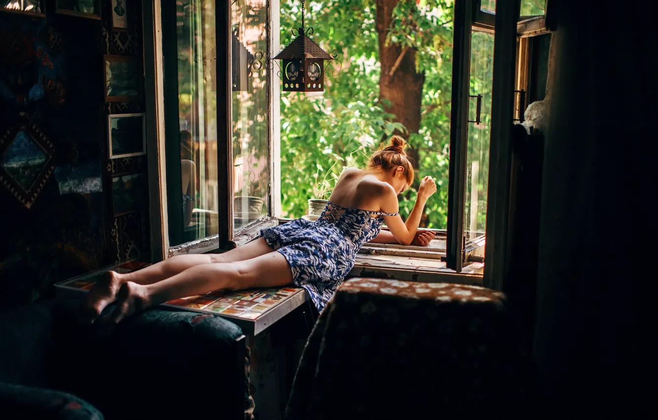 Photo wallpaper girl, trees, pose, room, model, makeup, figure, dress