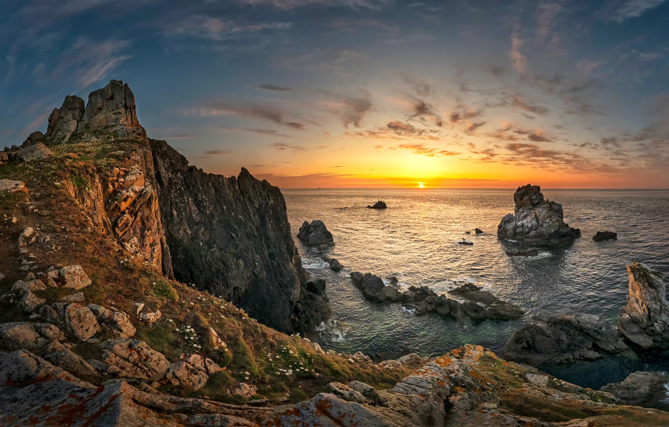 Photo wallpaper sea, the sky, sunset, stones, rocks, shore
