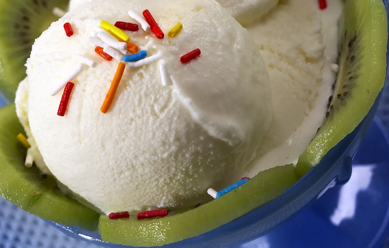 Photo wallpaper close-up, kiwi, ice cream, topping