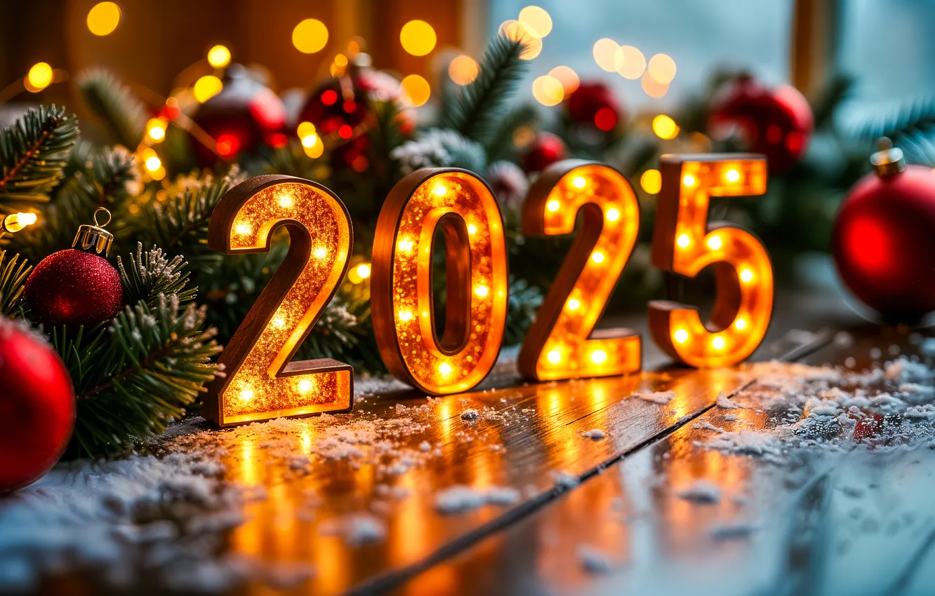 Photo wallpaper winter, balls, light, snow, reflection, lights, Board, new year