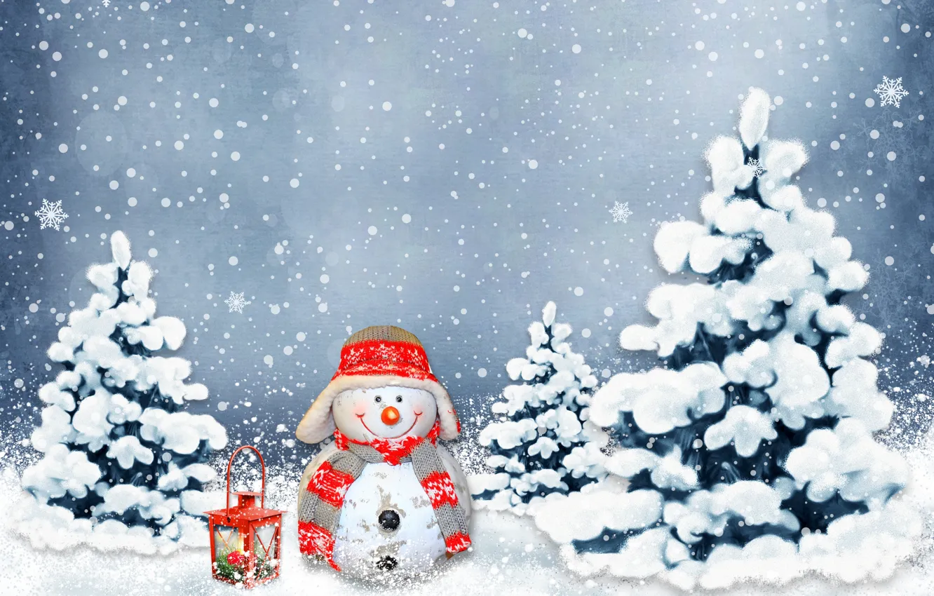 Photo wallpaper winter, balls, snow, decoration, holiday, new year, Christmas, snowman