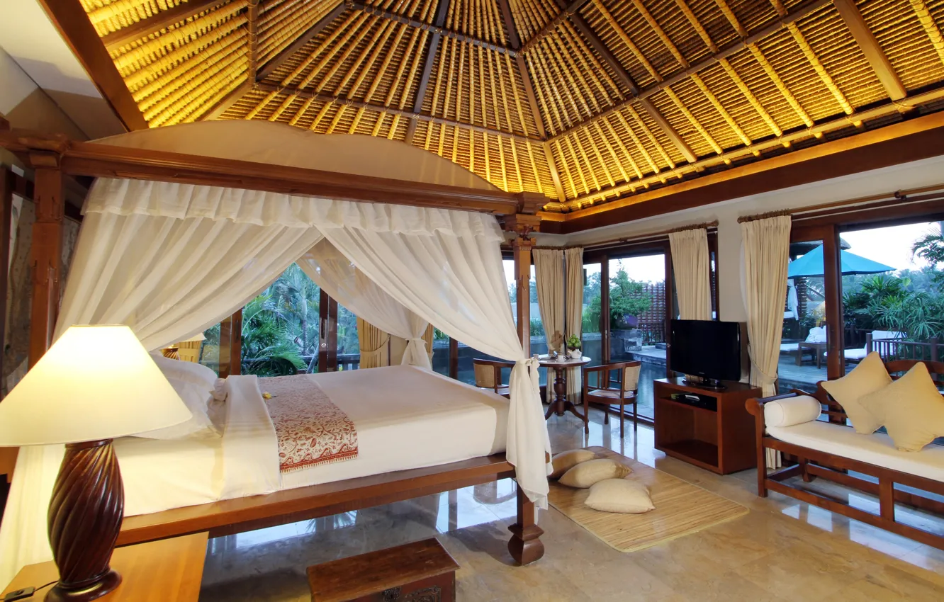 Photo wallpaper lamp, bed, chair, TV, pool, table, bedroom, interior