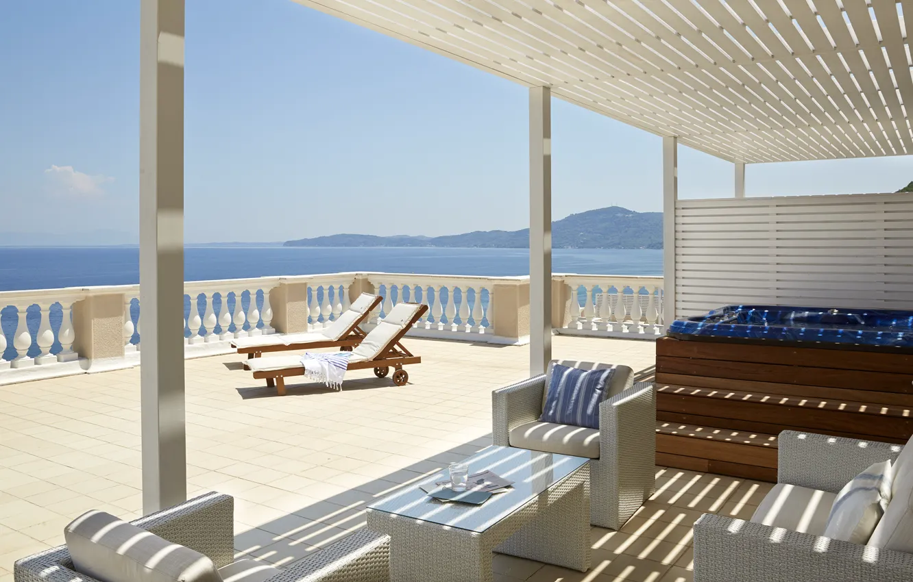 Photo wallpaper coast, resort, terrace, villa, terrace, lounge zone, stunning view of the blue sea, lounge area