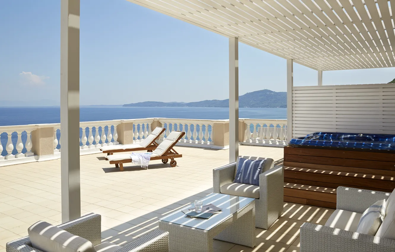 Photo wallpaper coast, resort, terrace, villa, terrace, lounge zone, Villa by the sea, stunning view of the …