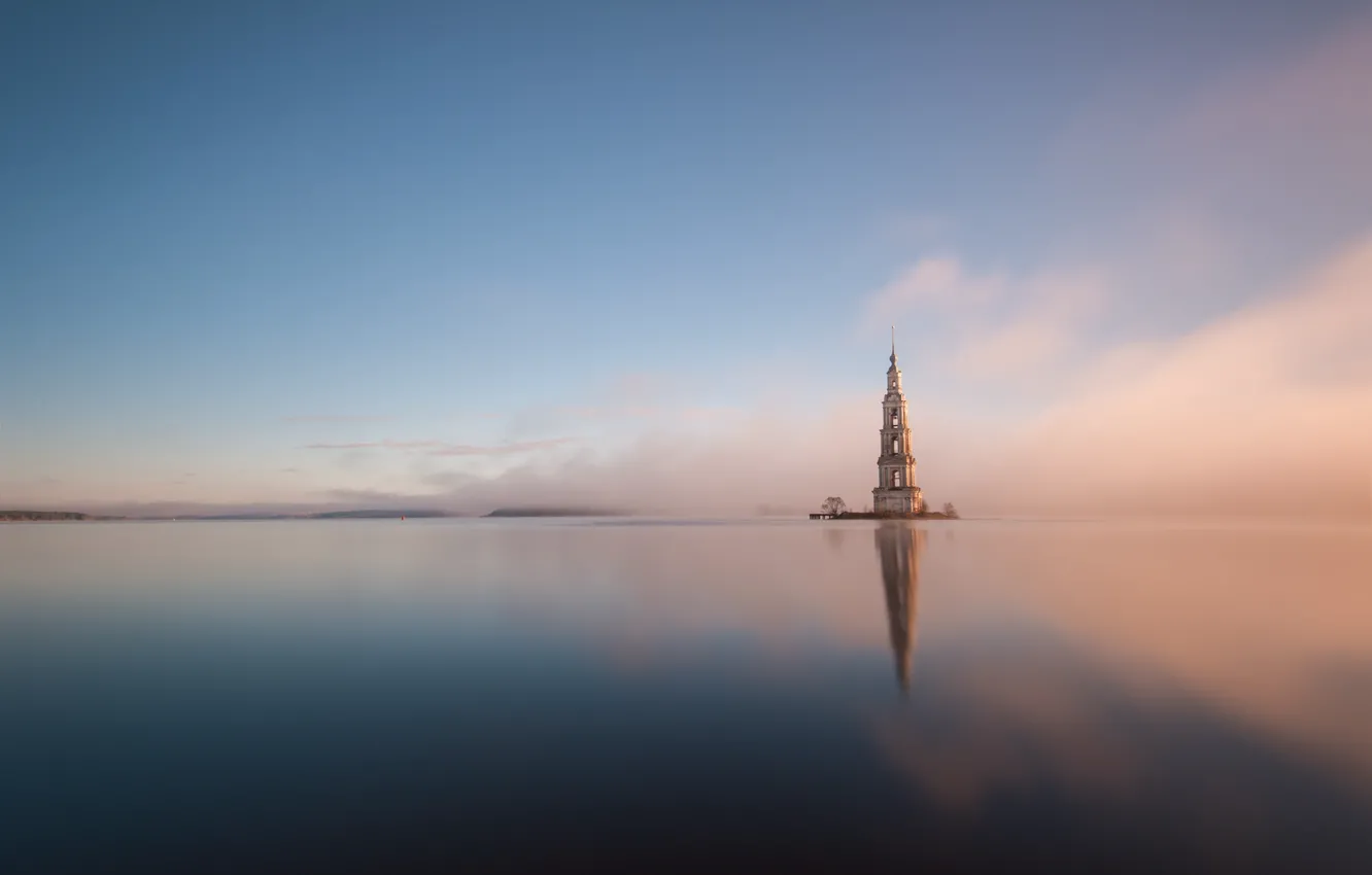 Photo wallpaper the sky, sunrise, temple, island, the bell tower, reservoir, flooded
