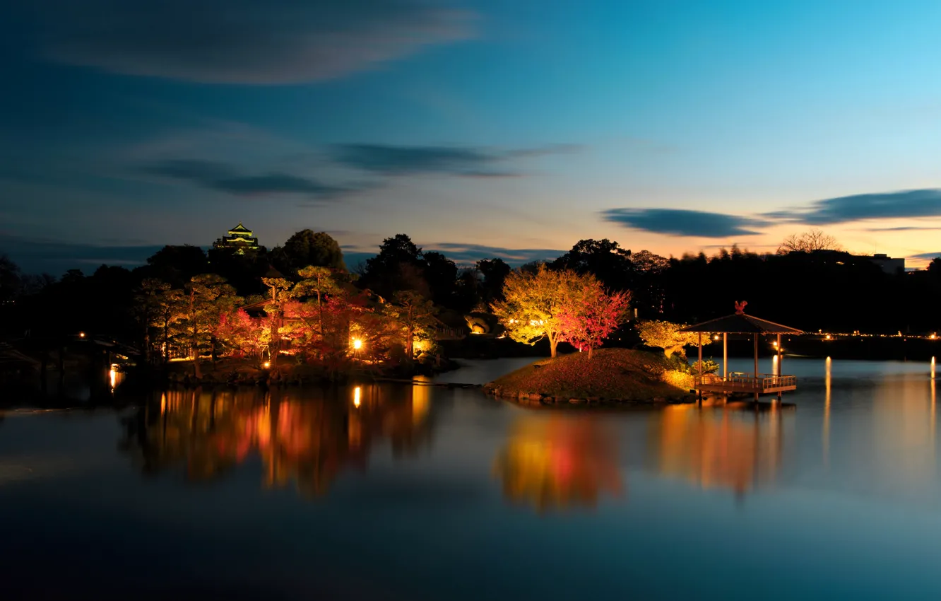 Photo wallpaper trees, night, lights, pond, Park, Japan, garden, gazebo