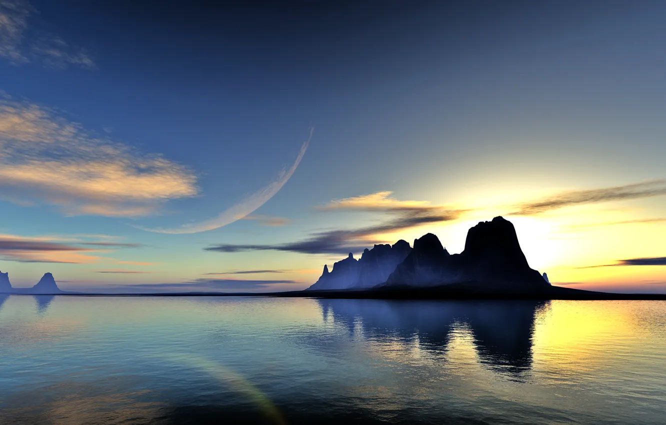 Photo wallpaper water, clouds, landscape, sunset, lake, reflection, rocks, planet